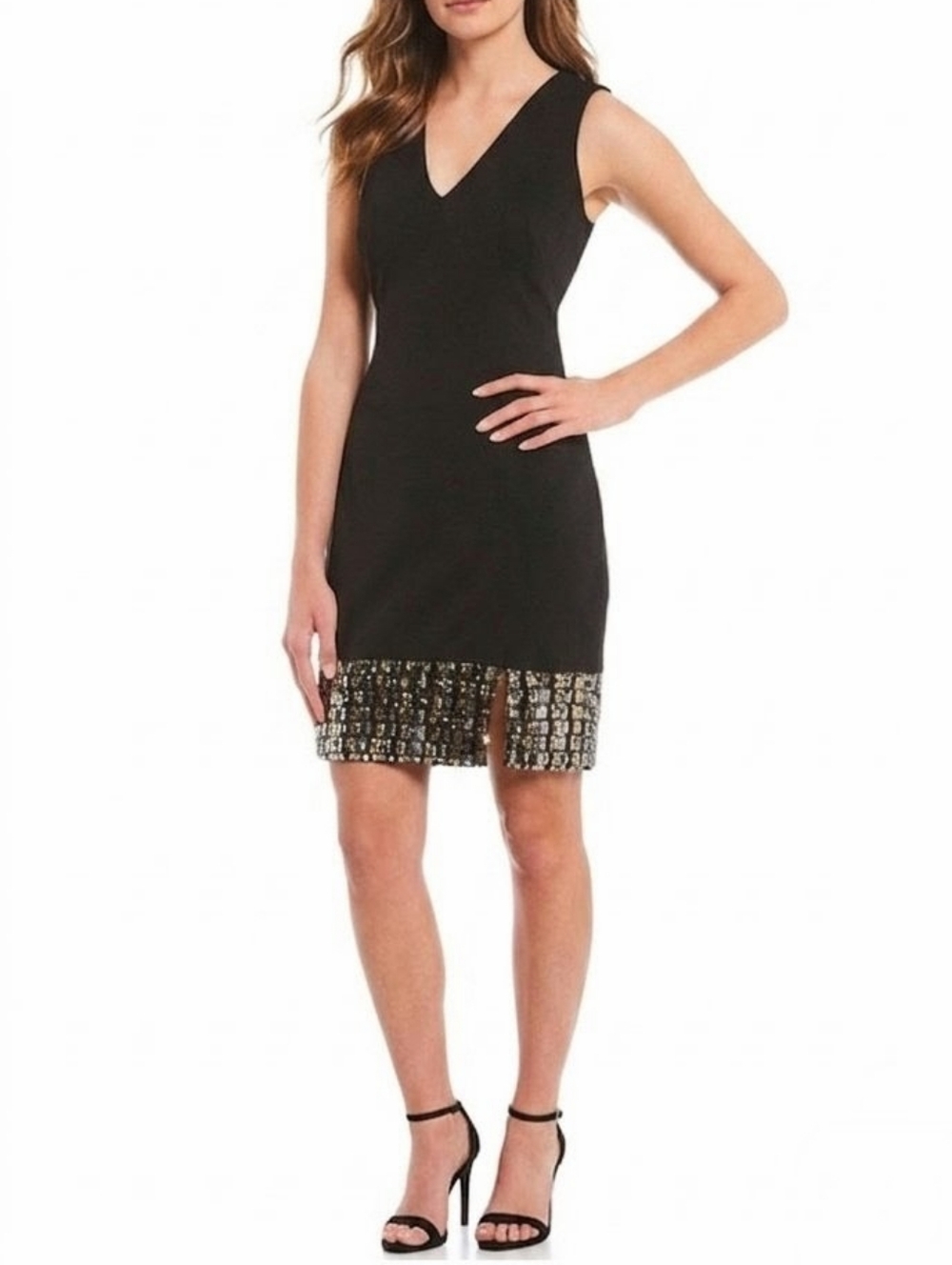 Vince Camuto Black Cocktail Dress Size 12 Sleeveless Sheath V-Neck Sequins Party